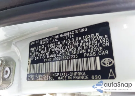 2015 Toyota Yaris L from USA, damaged, VIN VNKKTUD36FA027225